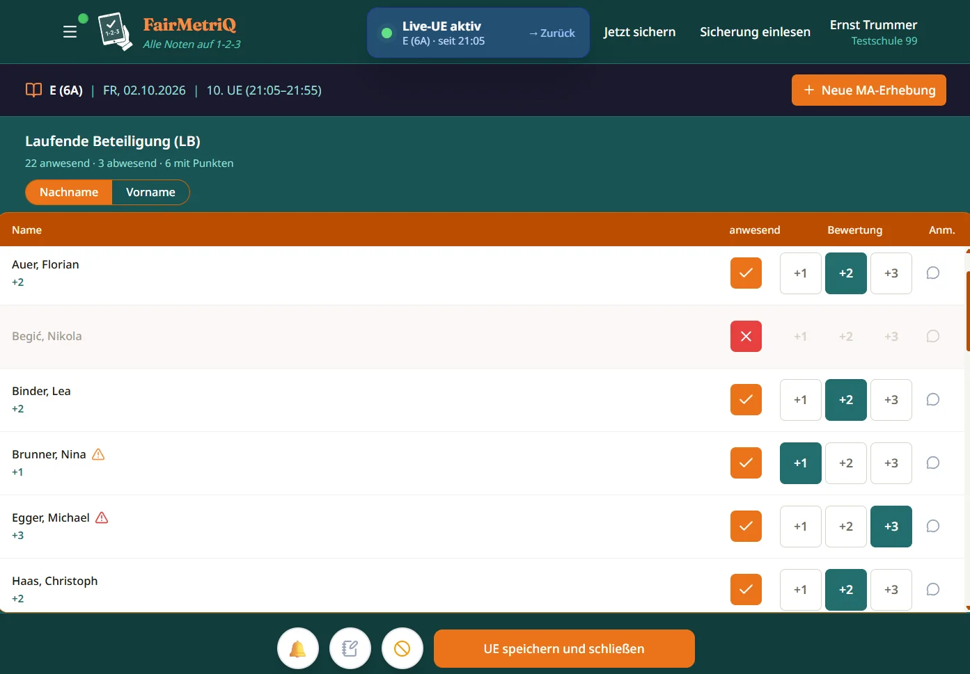Live-UE: Mitarbeit mit +1, +2, +3 bewerten