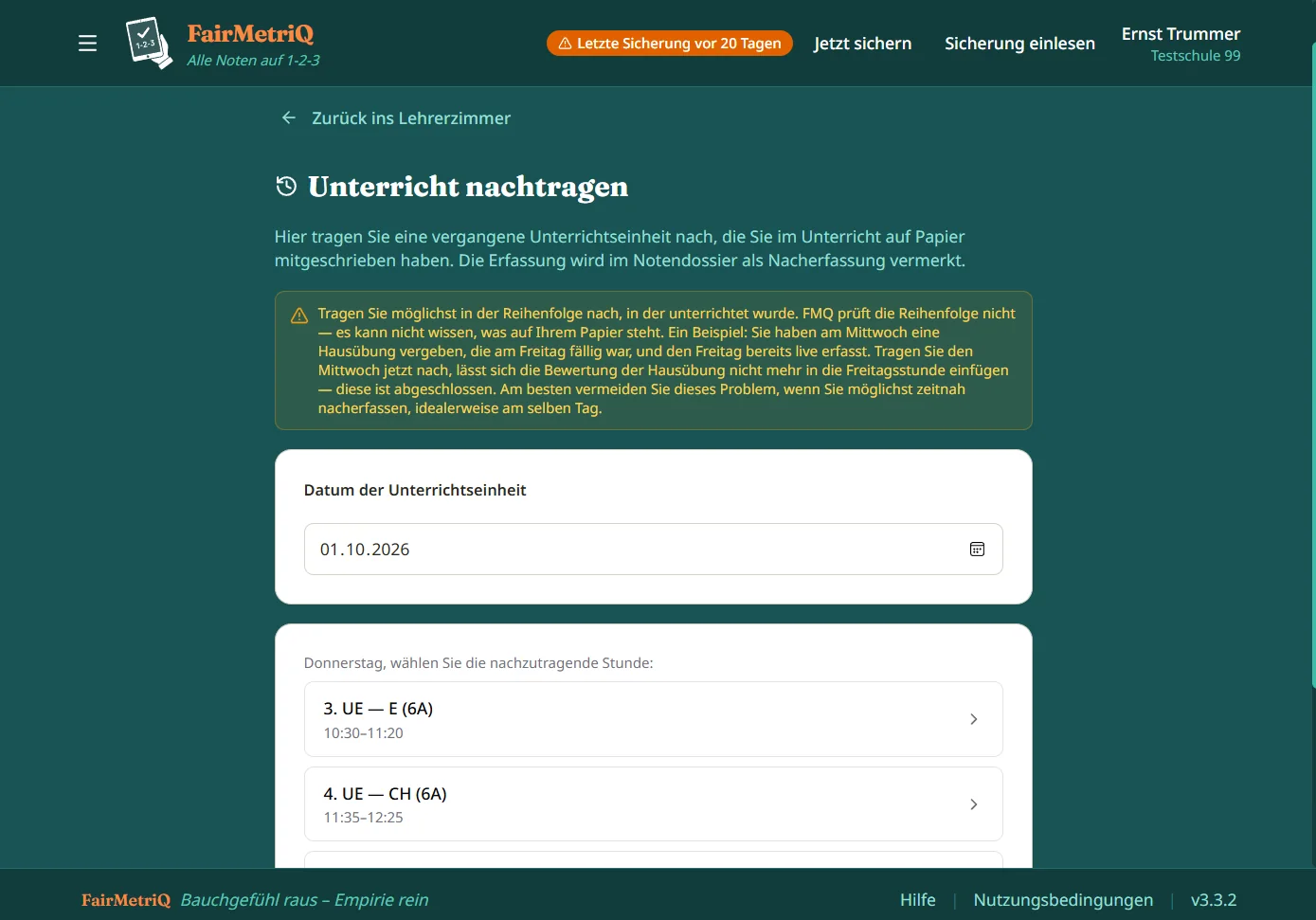 Unterricht nachtragen: Stunde aus dem Stundenplan wählen